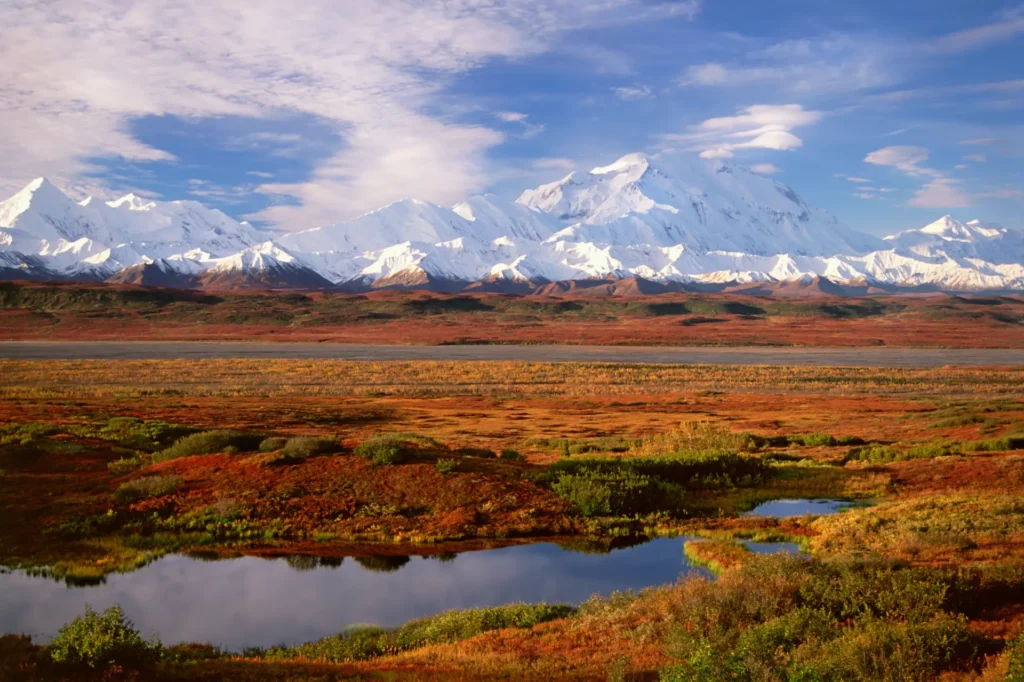 Tundra and kettle pond in Denali National Park, Alaska in the fall